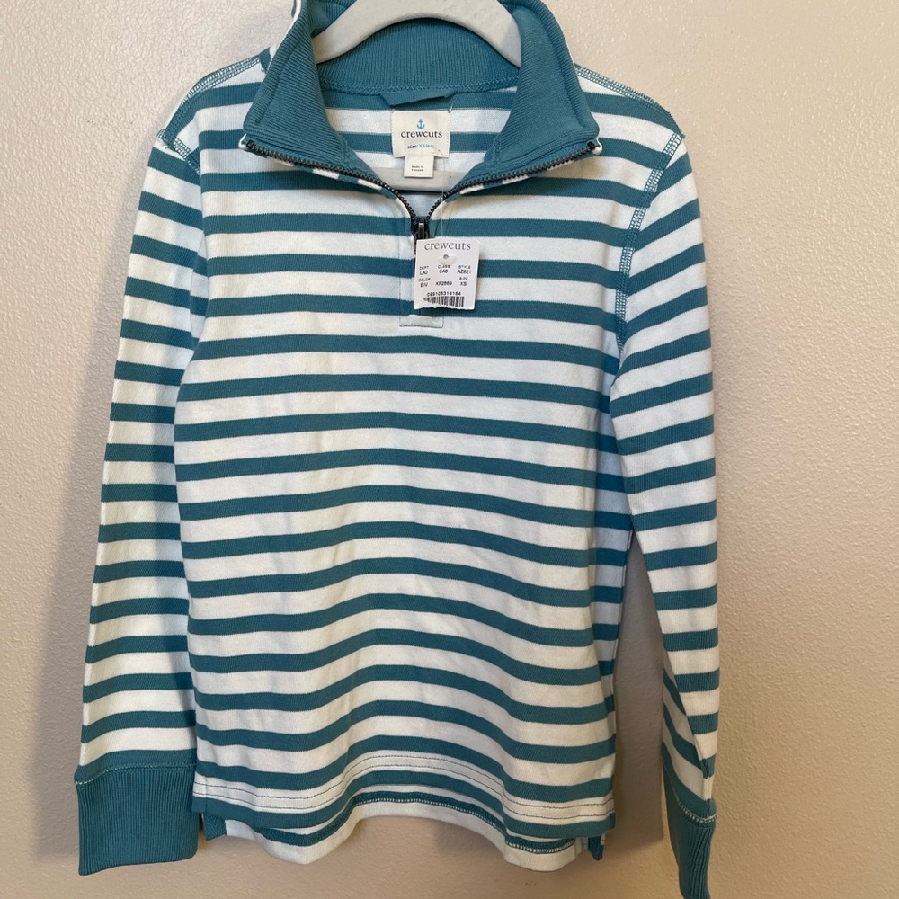 NWT Crewcuts Teal and White Striped Half-Zip Sweatshirt 100% cotton size 4/5 T